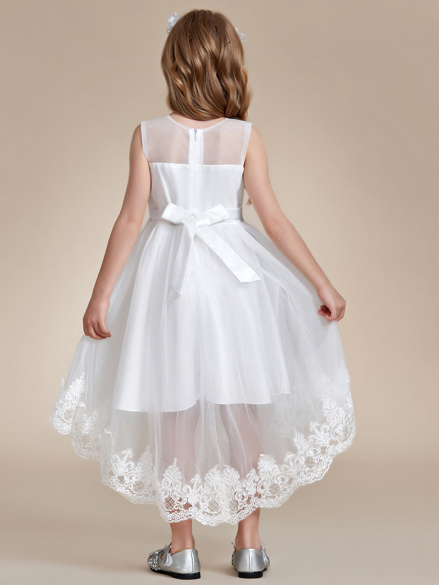 Robe Enfant d'Honneur élégante en dentelle haute-basse A-ligne Sans manches #Couleur_Blanc Robe Enfant d'Honneur élégante en dentelle haute-basse A-ligne Sans manches