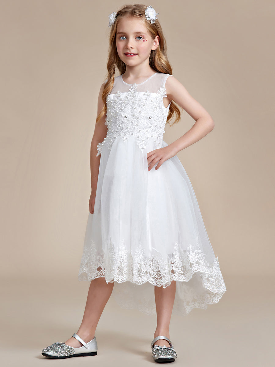 Robe Enfant d'Honneur élégante en dentelle haute-basse A-ligne Sans manches #Couleur_Blanc Robe Enfant d'Honneur élégante en dentelle haute-basse A-ligne Sans manches