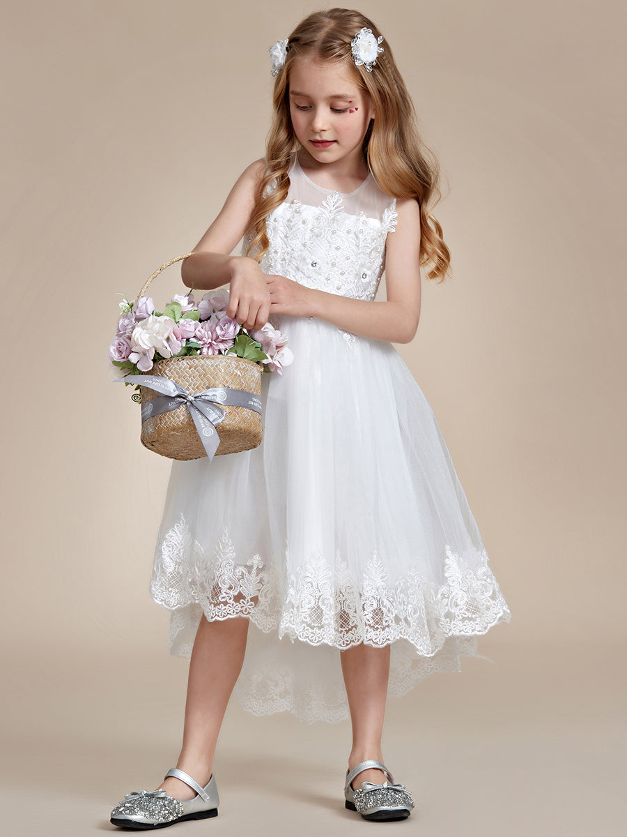 Robe Enfant d'Honneur élégante en dentelle haute-basse A-ligne Sans manches #Couleur_Blanc Robe Enfant d'Honneur élégante en dentelle haute-basse A-ligne Sans manches