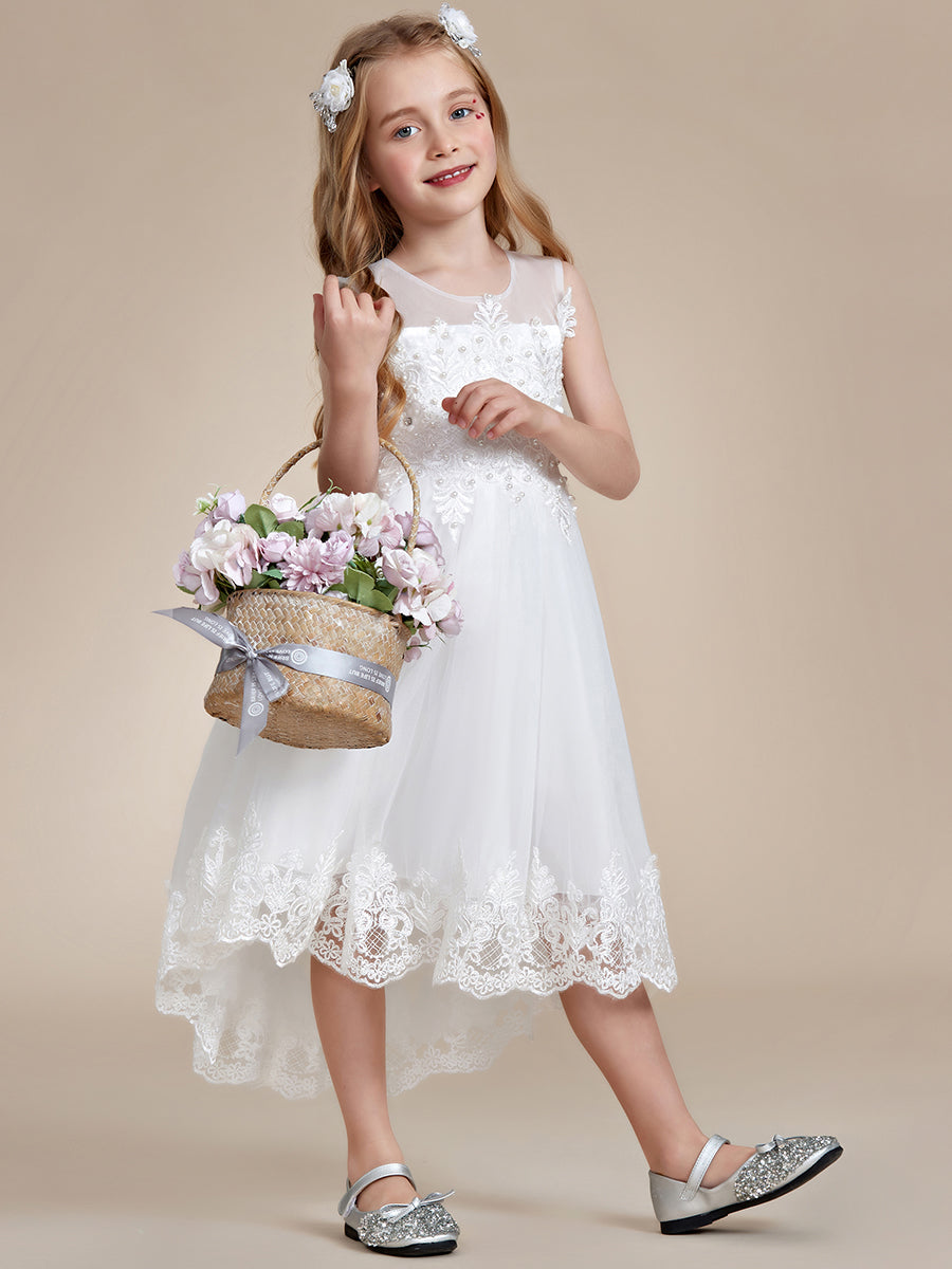 Robe Enfant d'Honneur élégante en dentelle haute-basse A-ligne Sans manches #Couleur_Blanc Robe Enfant d'Honneur élégante en dentelle haute-basse A-ligne Sans manches