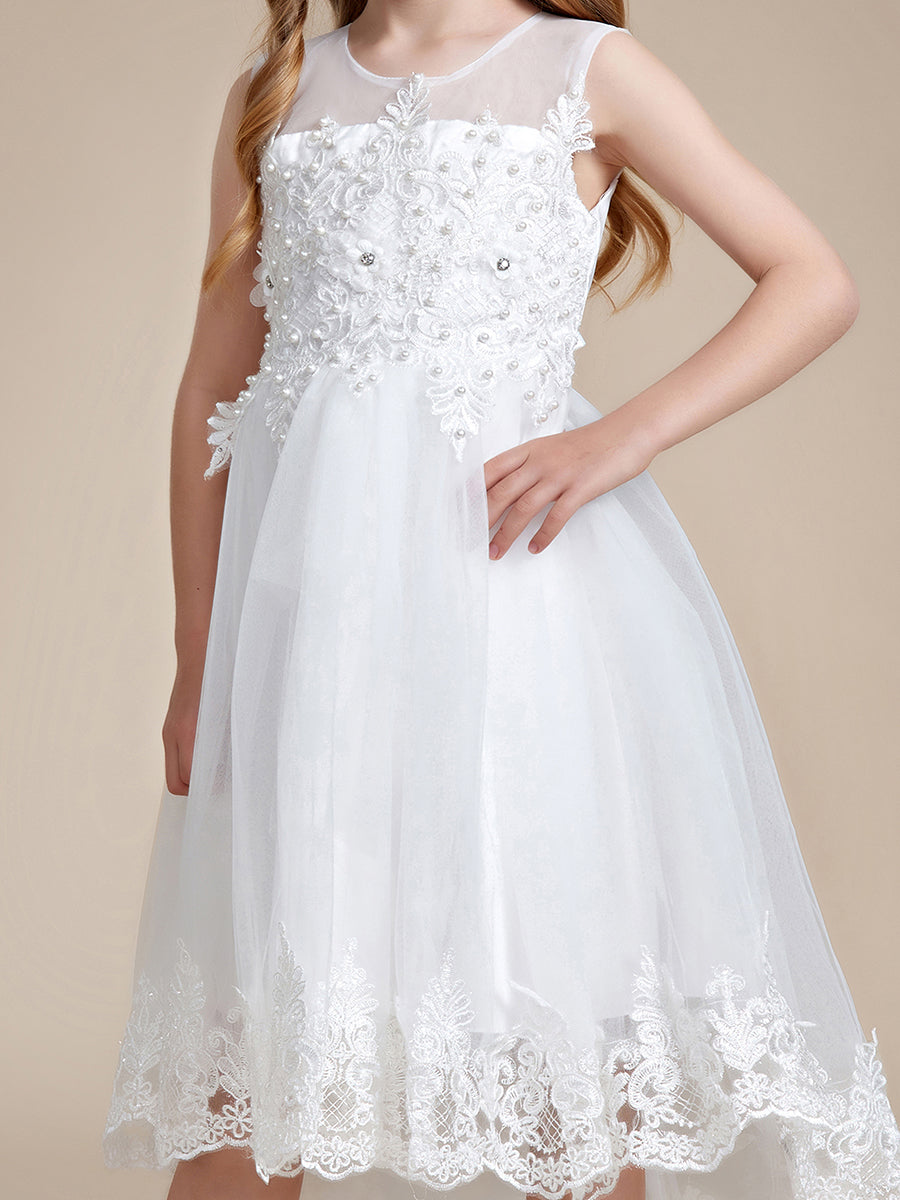 Robe Enfant d'Honneur élégante en dentelle haute-basse A-ligne Sans manches #Couleur_Blanc Robe Enfant d'Honneur élégante en dentelle haute-basse A-ligne Sans manches