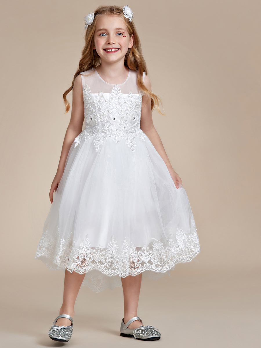 Robe Enfant d'Honneur élégante en dentelle haute-basse A-ligne Sans manches #Couleur_Blanc Robe Enfant d'Honneur élégante en dentelle haute-basse A-ligne Sans manches