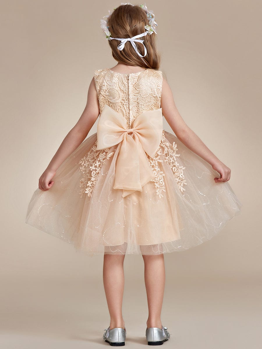 Robe Enfant d'Honneur A-ligne brodée dentelle élégante nœud papillon Sans manches #Couleur_Blanc Robe Enfant d'Honneur A-ligne brodée dentelle élégante nœud papillon Sans manches