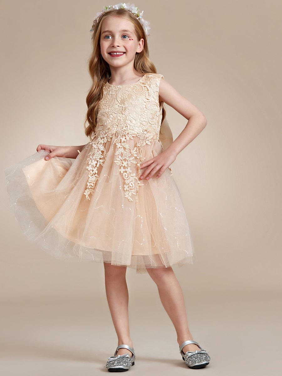 Robe Enfant d'Honneur A-ligne brodée dentelle élégante nœud papillon Sans manches #Couleur_Blanc Robe Enfant d'Honneur A-ligne brodée dentelle élégante nœud papillon Sans manches