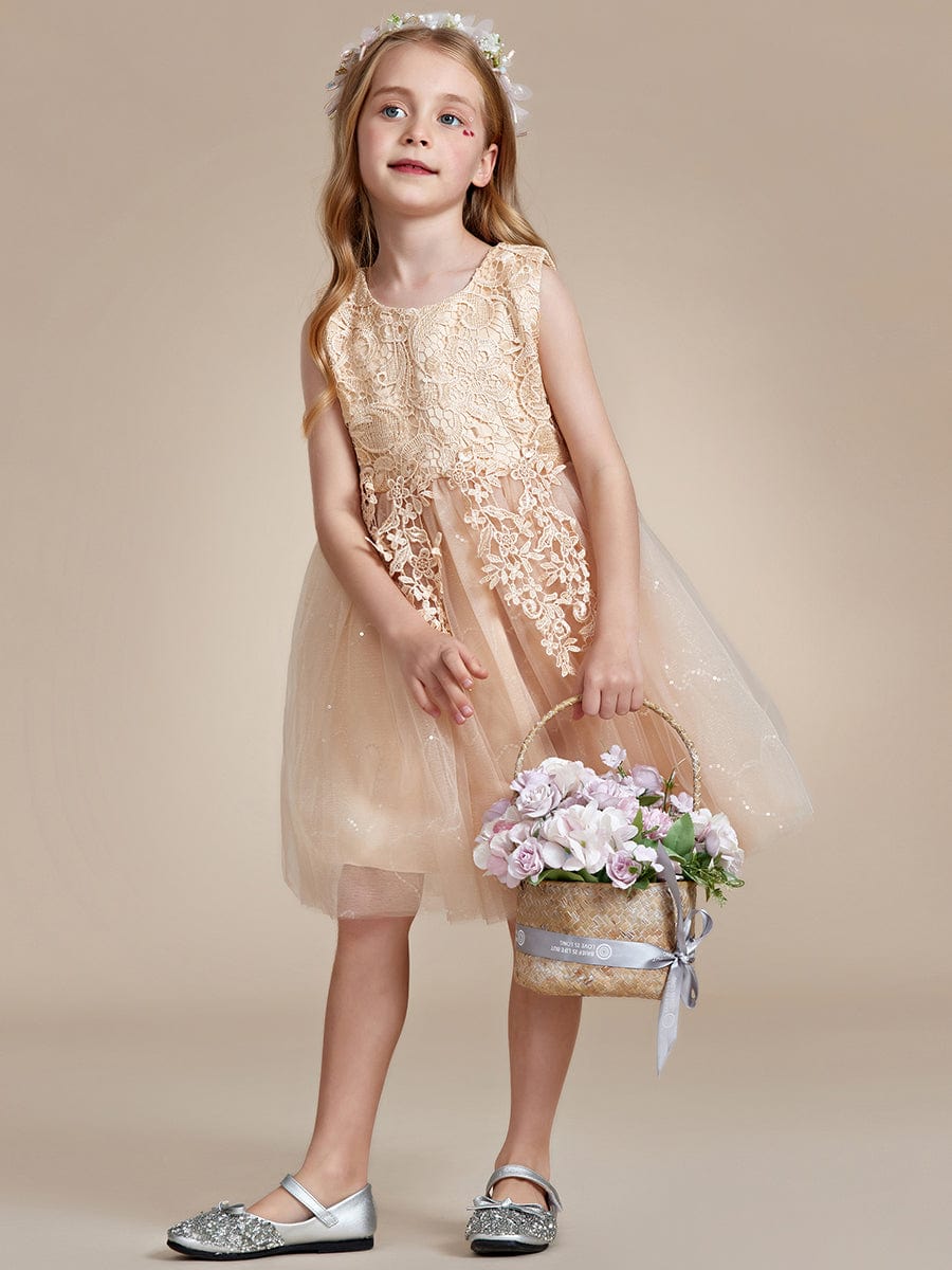Robe Enfant d'Honneur A-ligne brodée dentelle élégante nœud papillon Sans manches #Couleur_Blanc Robe Enfant d'Honneur A-ligne brodée dentelle élégante nœud papillon Sans manches