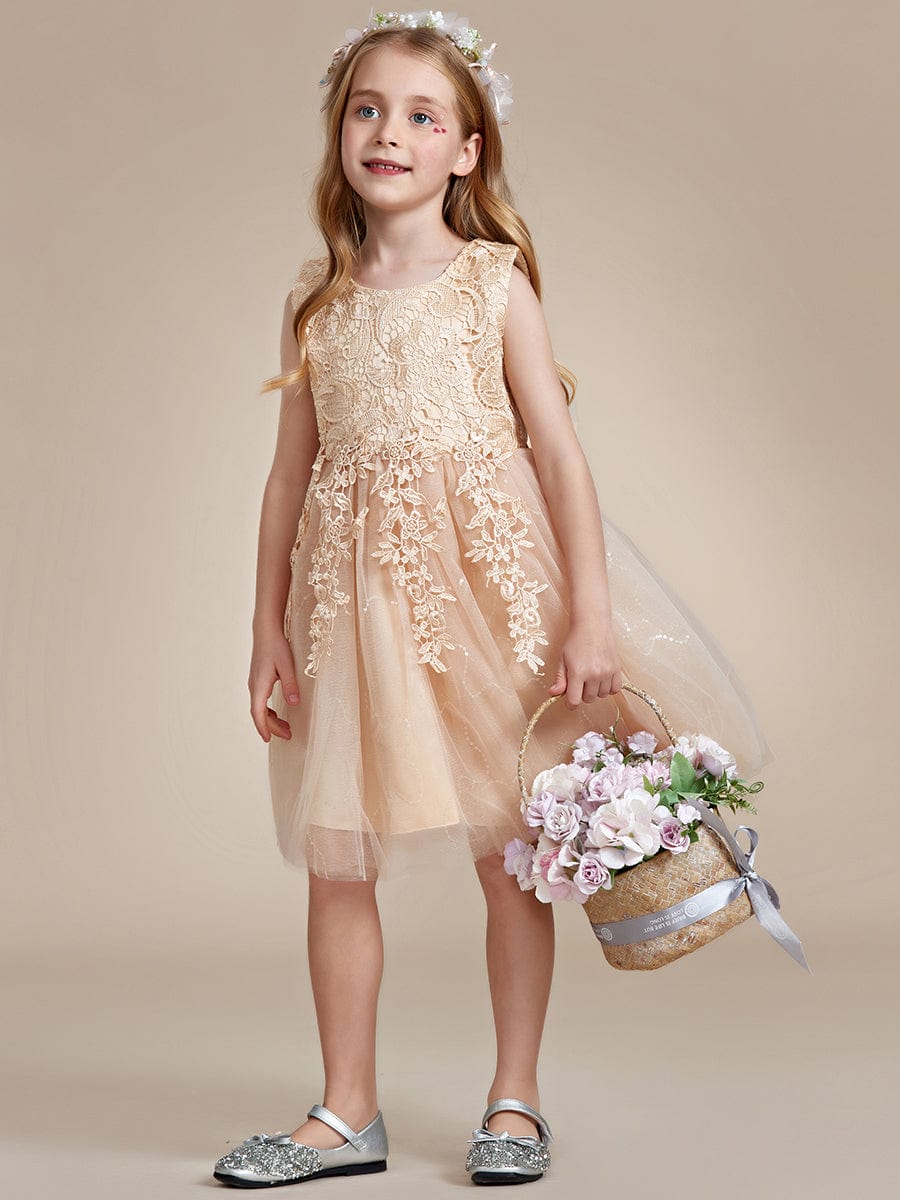 Robe Enfant d'Honneur A-ligne brodée dentelle élégante nœud papillon Sans manches #Couleur_Blanc Robe Enfant d'Honneur A-ligne brodée dentelle élégante nœud papillon Sans manches