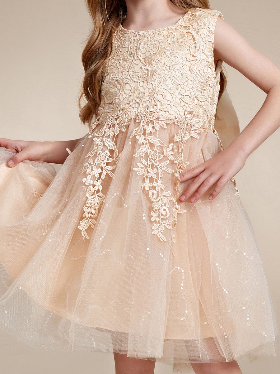 Robe Enfant d'Honneur A-ligne brodée dentelle élégante nœud papillon Sans manches #Couleur_Blanc Robe Enfant d'Honneur A-ligne brodée dentelle élégante nœud papillon Sans manches
