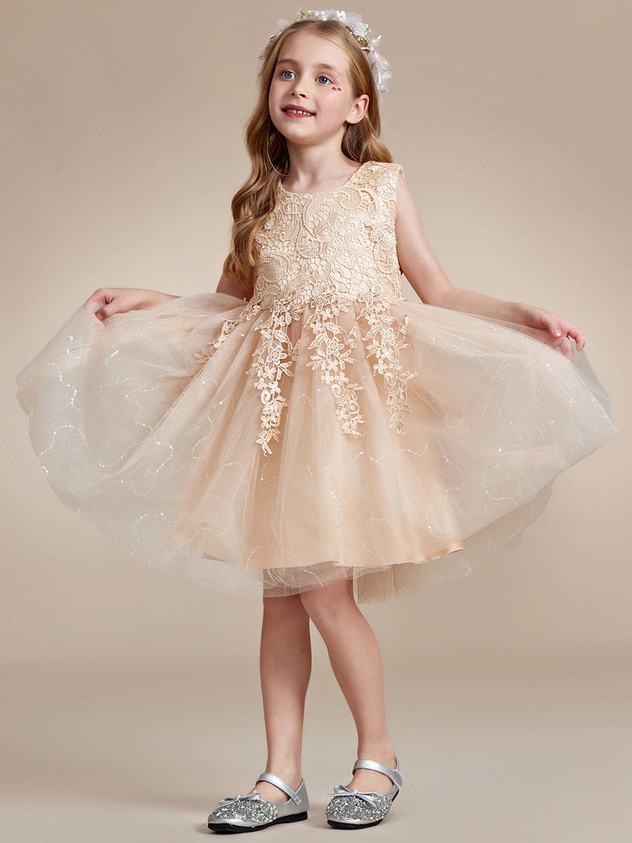 Robe Enfant d'Honneur A-ligne brodée dentelle élégante nœud papillon Sans manches #Couleur_Blanc Robe Enfant d'Honneur A-ligne brodée dentelle élégante nœud papillon Sans manches