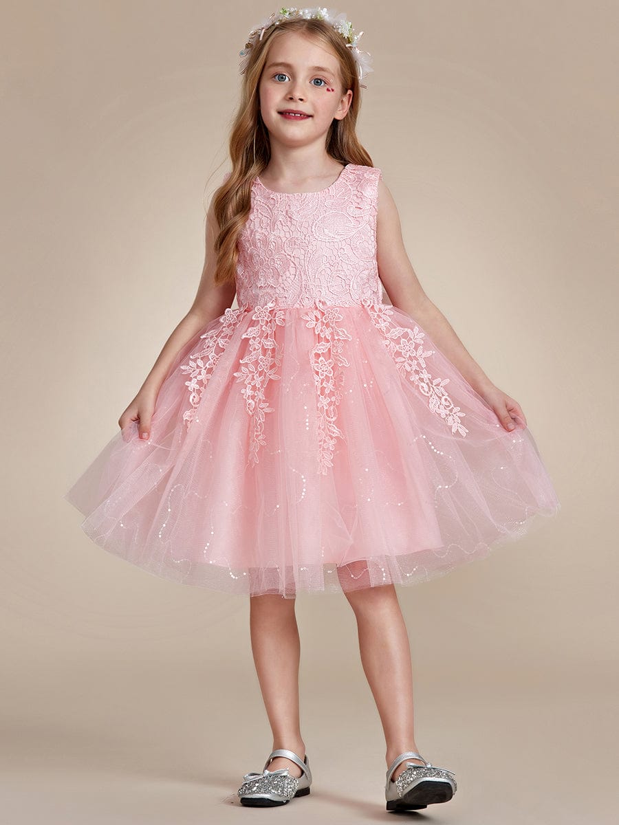 Robe Enfant d'Honneur A-ligne brodée dentelle élégante nœud papillon Sans manches #Couleur_Rose