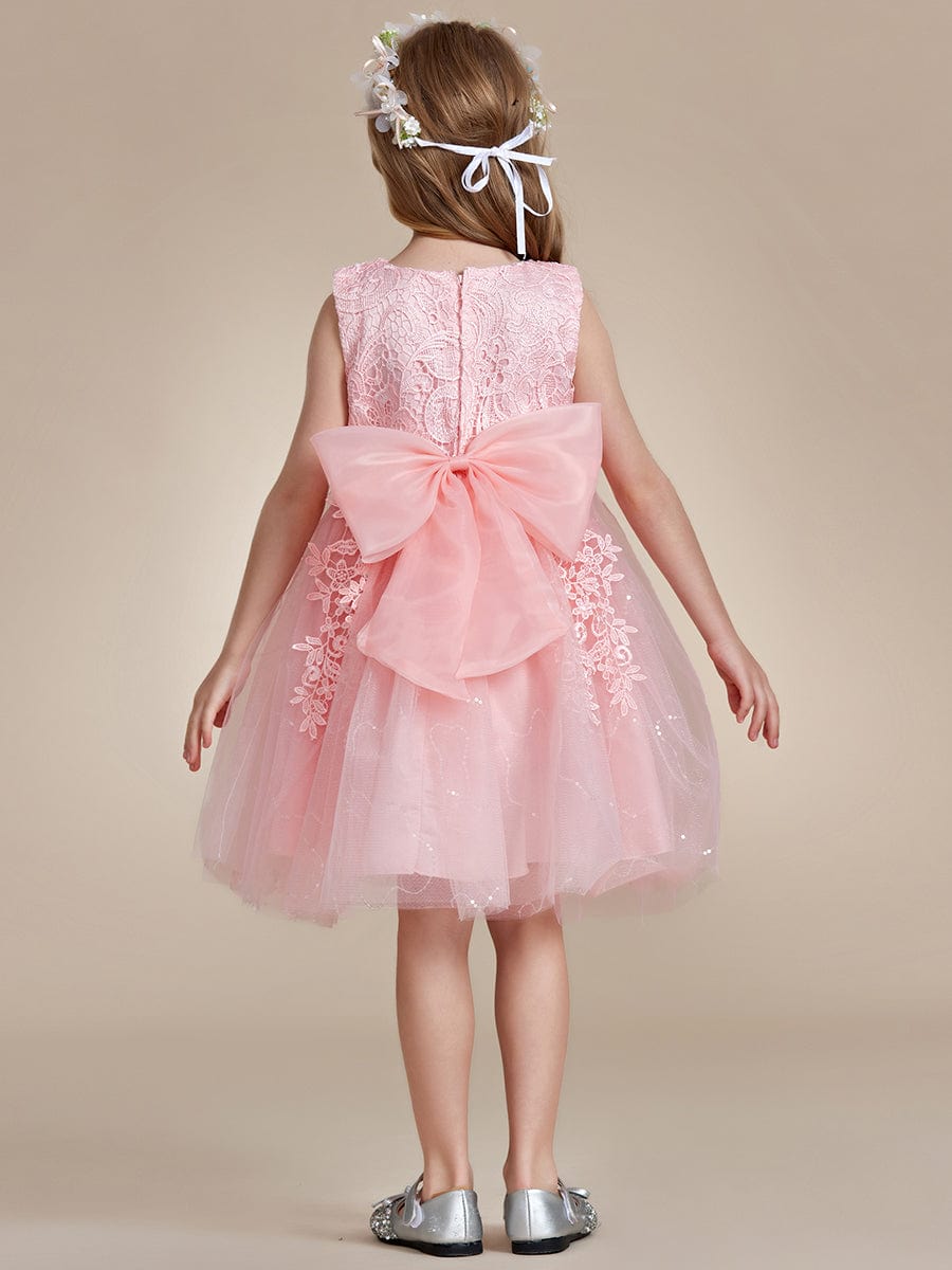 Robe Enfant d'Honneur A-ligne brodée dentelle élégante nœud papillon Sans manches #Couleur_Rose