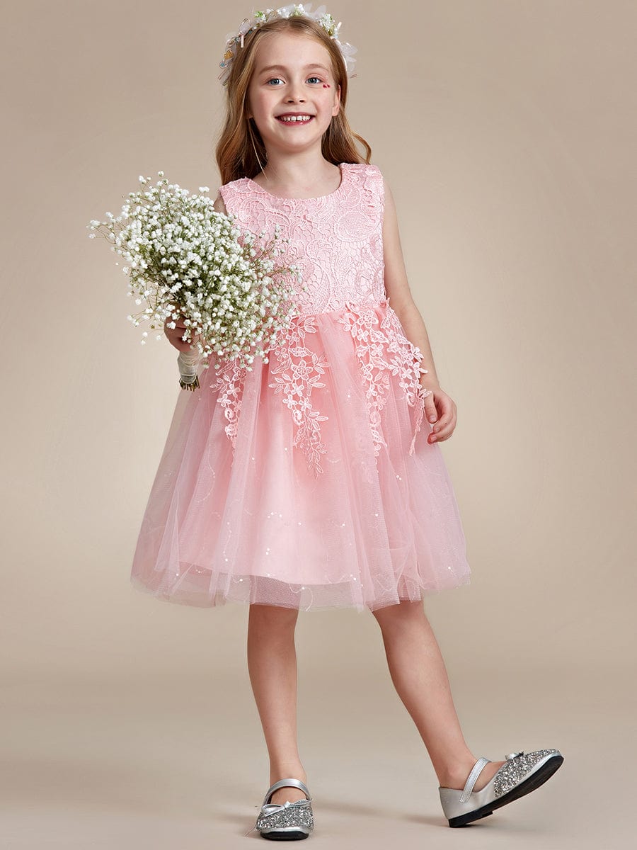 Robe Enfant d'Honneur A-ligne brodée dentelle élégante nœud papillon Sans manches #Couleur_Rose