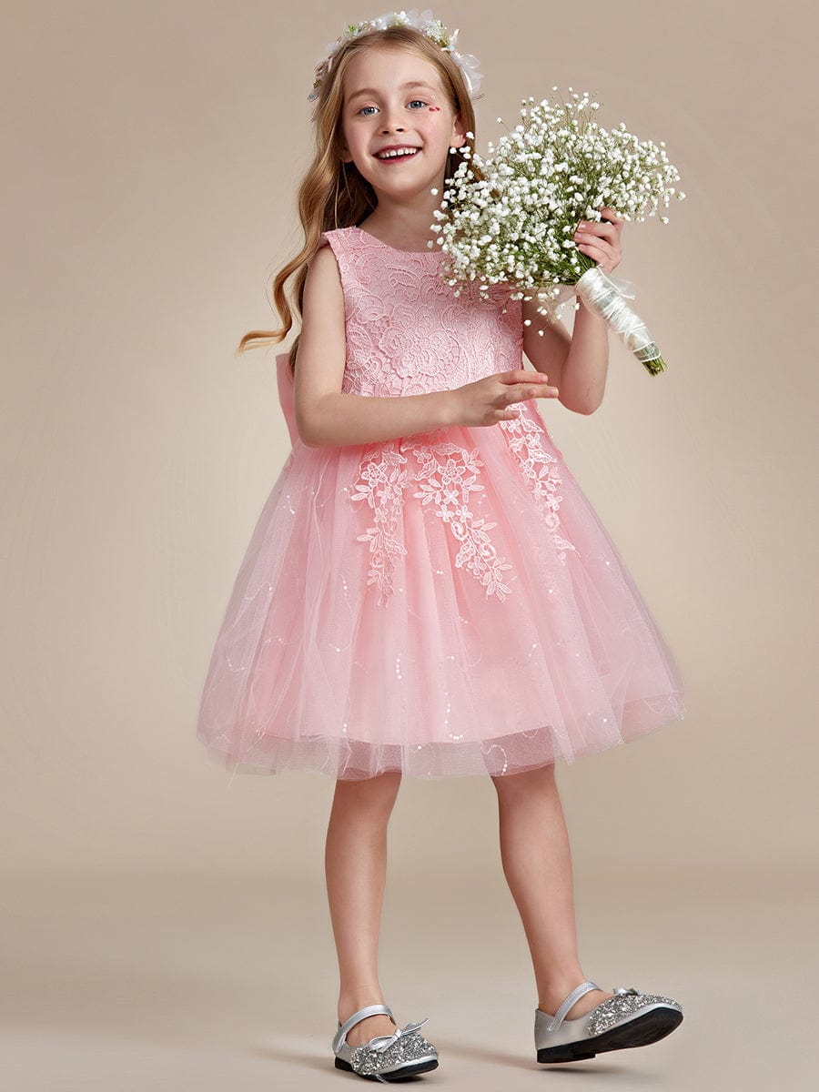 Robe Enfant d'Honneur A-ligne brodée dentelle élégante nœud papillon Sans manches #Couleur_Rose