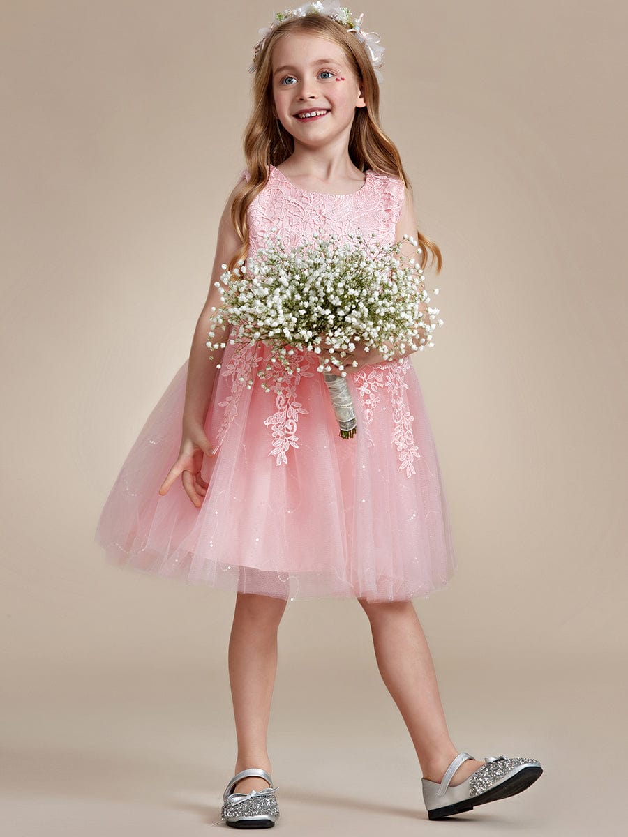 Robe Enfant d'Honneur A-ligne brodée dentelle élégante nœud papillon Sans manches #Couleur_Rose