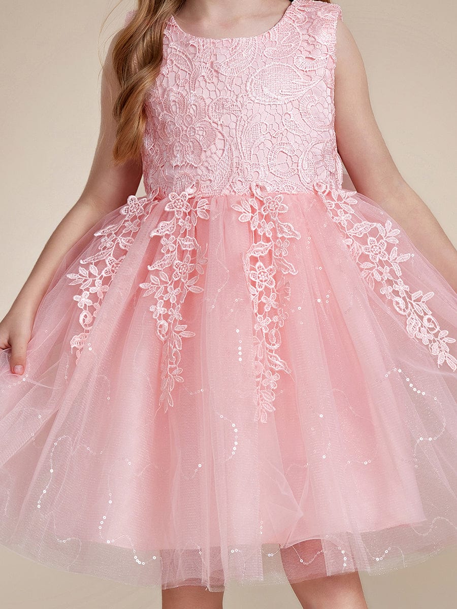 Robe Enfant d'Honneur A-ligne brodée dentelle élégante nœud papillon Sans manches #Couleur_Rose