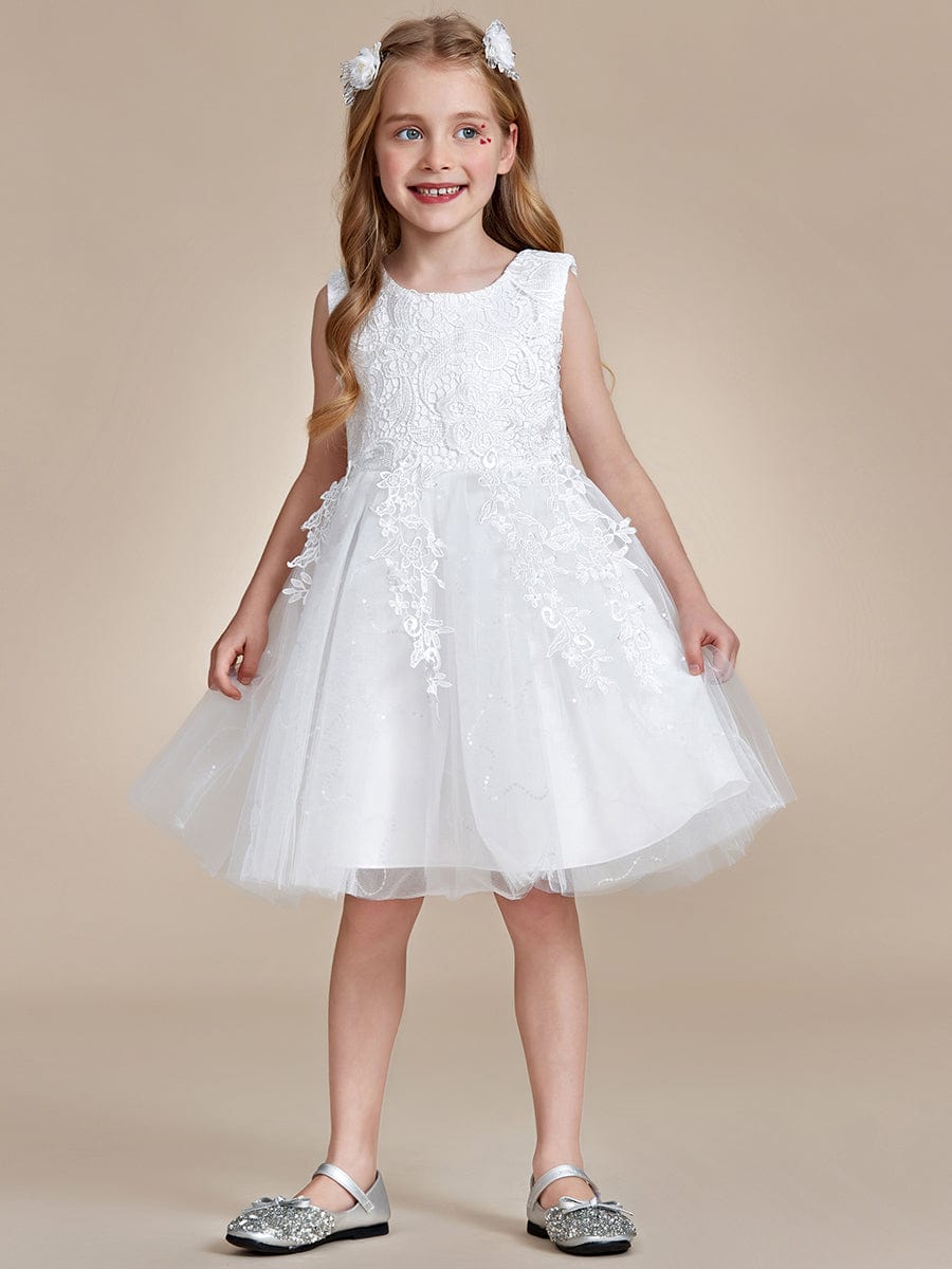 Robe Enfant d'Honneur A-ligne brodée dentelle élégante nœud papillon Sans manches #Couleur_Blanc