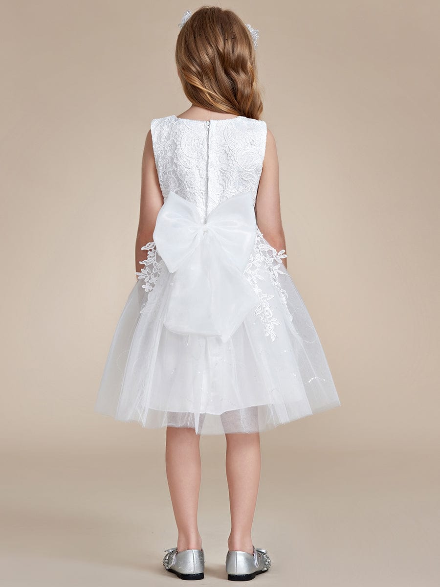 Robe Enfant d'Honneur A-ligne brodée dentelle élégante nœud papillon Sans manches #Couleur_Blanc