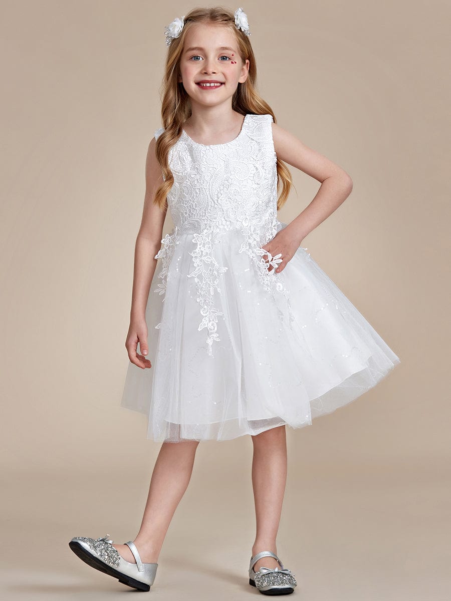 Robe Enfant d'Honneur A-ligne brodée dentelle élégante nœud papillon Sans manches #Couleur_Blanc Robe Enfant d'Honneur A-ligne brodée dentelle élégante nœud papillon Sans manches