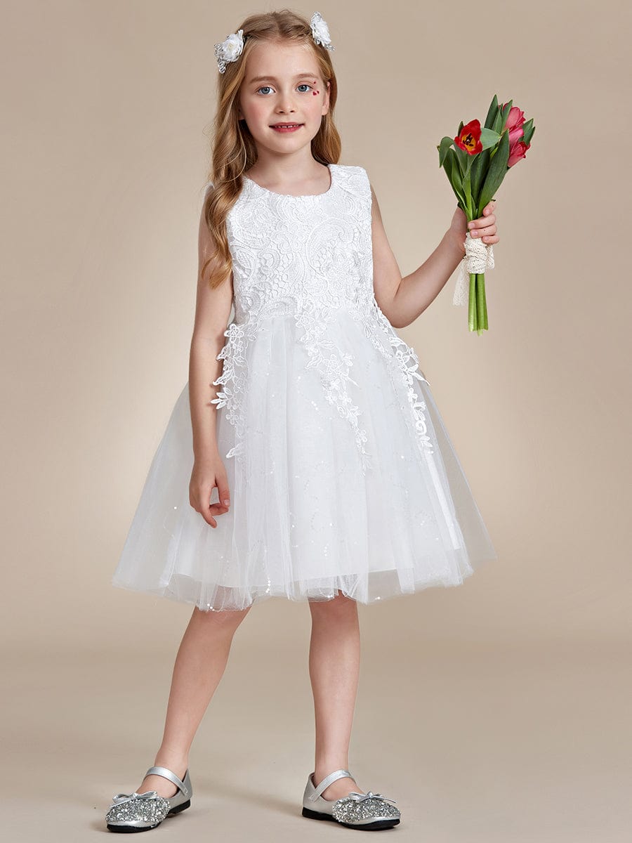 Robe Enfant d'Honneur A-ligne brodée dentelle élégante nœud papillon Sans manches #Couleur_Blanc