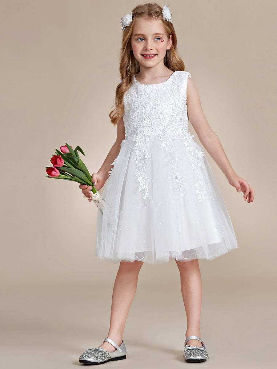 Robe Enfant d'Honneur A-ligne brodée dentelle élégante nœud papillon Sans manches #Couleur_Blanc