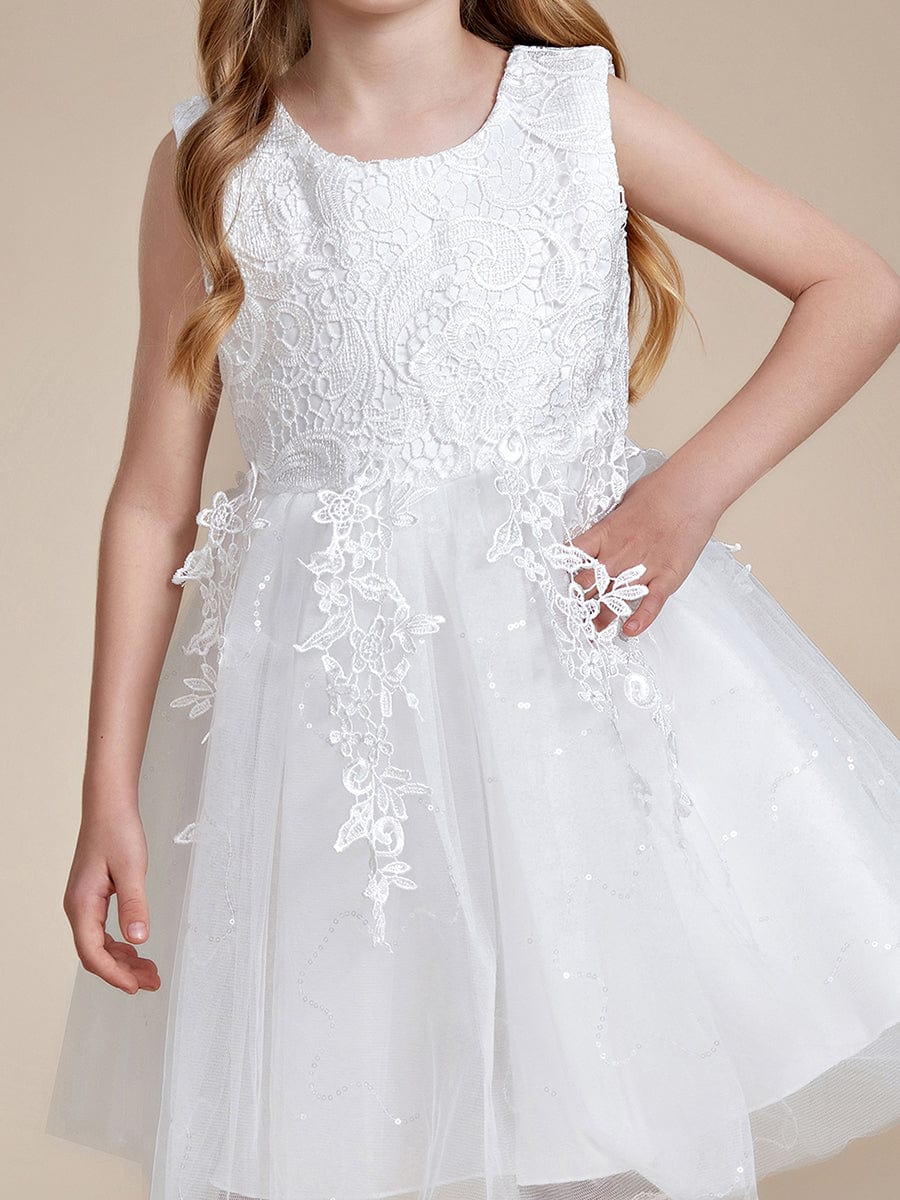 Robe Enfant d'Honneur A-ligne brodée dentelle élégante nœud papillon Sans manches #Couleur_Blanc