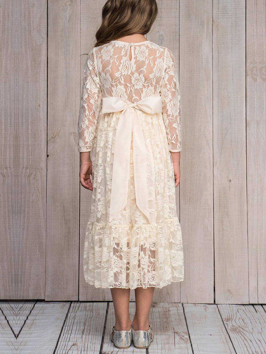 Robe Enfant d'Honneur Manches longues transparentes et col rond imprimé #couleur_Blanc Robe Enfant d'Honneur Manches longues transparentes et col rond imprimé