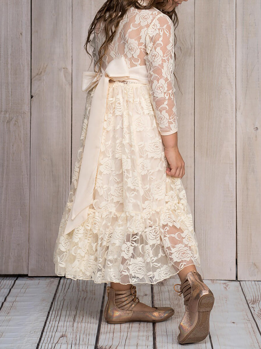Robe Enfant d'Honneur Manches longues transparentes et col rond imprimé #couleur_Blanc Robe Enfant d'Honneur Manches longues transparentes et col rond imprimé