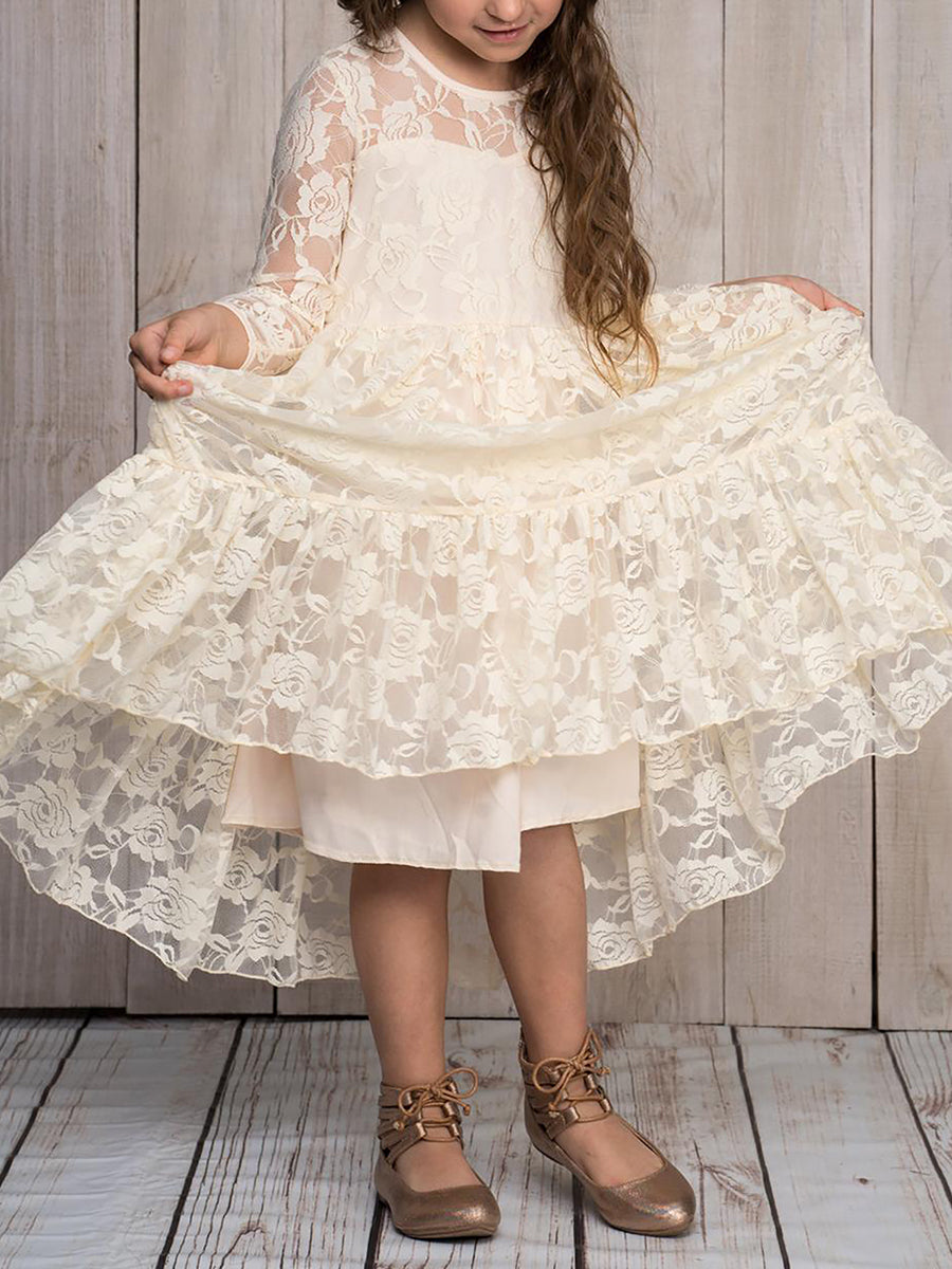 Robe Enfant d'Honneur Manches longues transparentes et col rond imprimé #couleur_Blanc Robe Enfant d'Honneur Manches longues transparentes et col rond imprimé