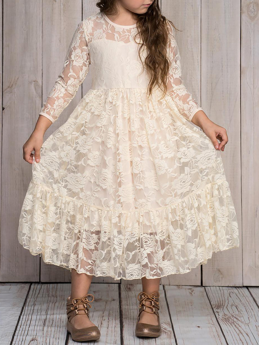 Robe Enfant d'Honneur Manches longues transparentes et col rond imprimé #couleur_Blanc Robe Enfant d'Honneur Manches longues transparentes et col rond imprimé