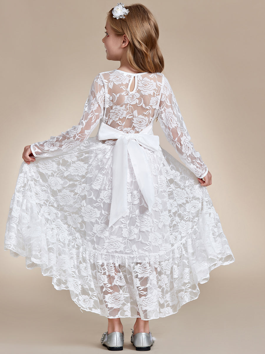 Robe Enfant d'Honneur Manches longues transparentes et col rond imprimé #couleur_Blanc Robe Enfant d'Honneur Manches longues transparentes et col rond imprimé