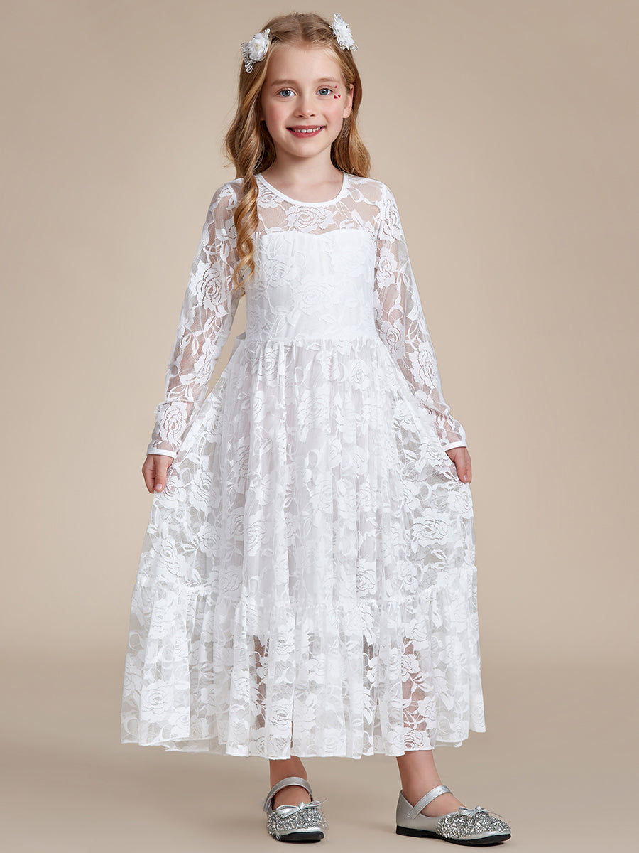 Robe Enfant d'Honneur Manches longues transparentes et col rond imprimé #couleur_Blanc Robe Enfant d'Honneur Manches longues transparentes et col rond imprimé