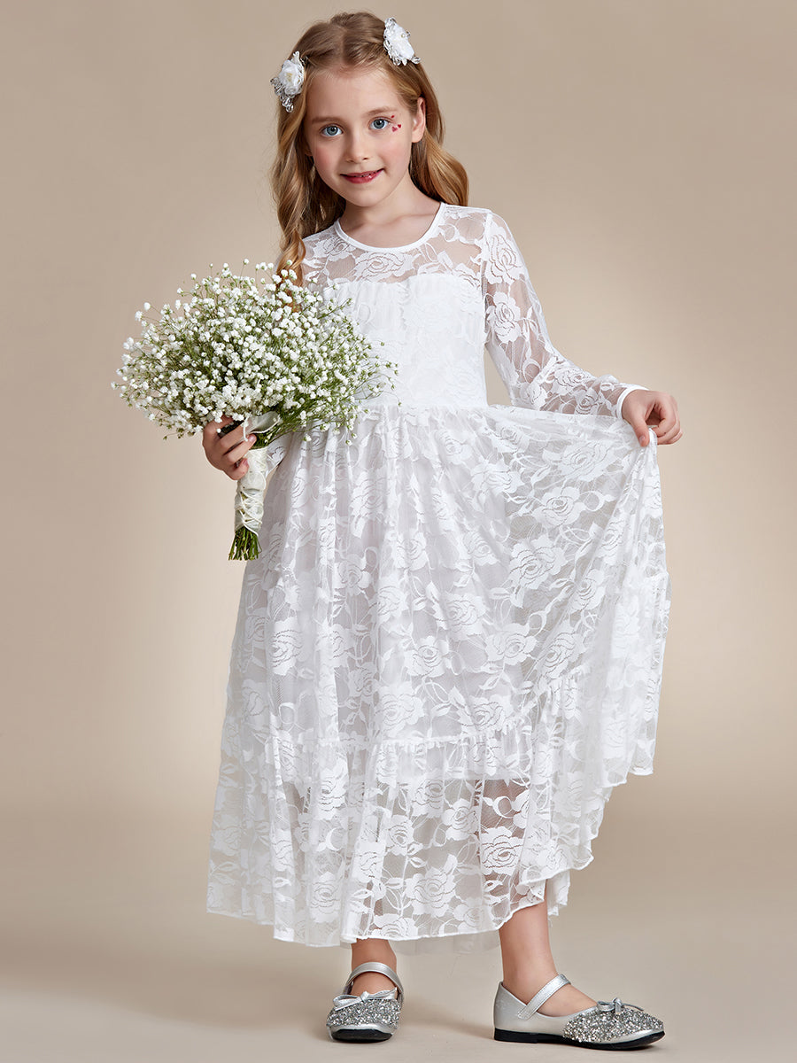 Robe Enfant d'Honneur Manches longues transparentes et col rond imprimé #couleur_Blanc Robe Enfant d'Honneur Manches longues transparentes et col rond imprimé