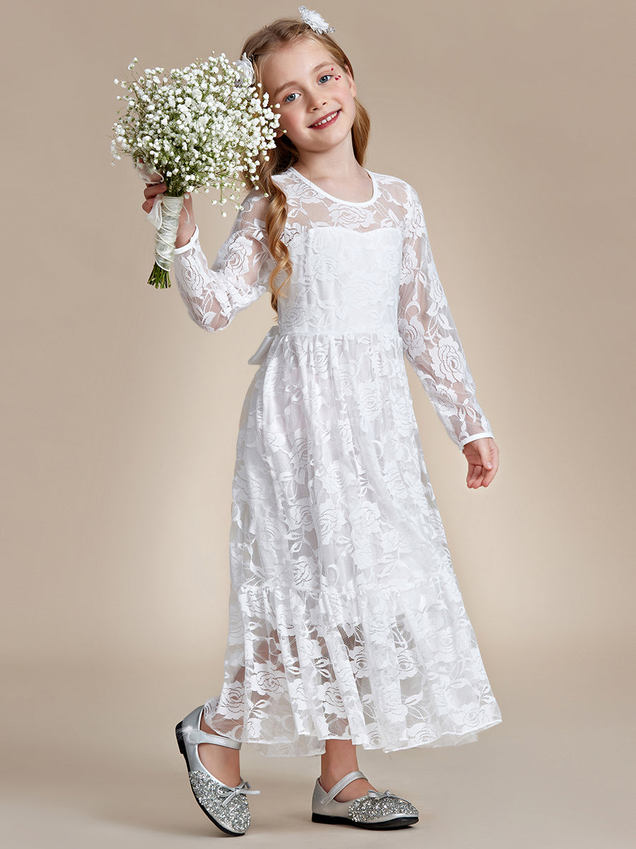 Robe Enfant d'Honneur Manches longues transparentes et col rond imprimé #couleur_Blanc Robe Enfant d'Honneur Manches longues transparentes et col rond imprimé