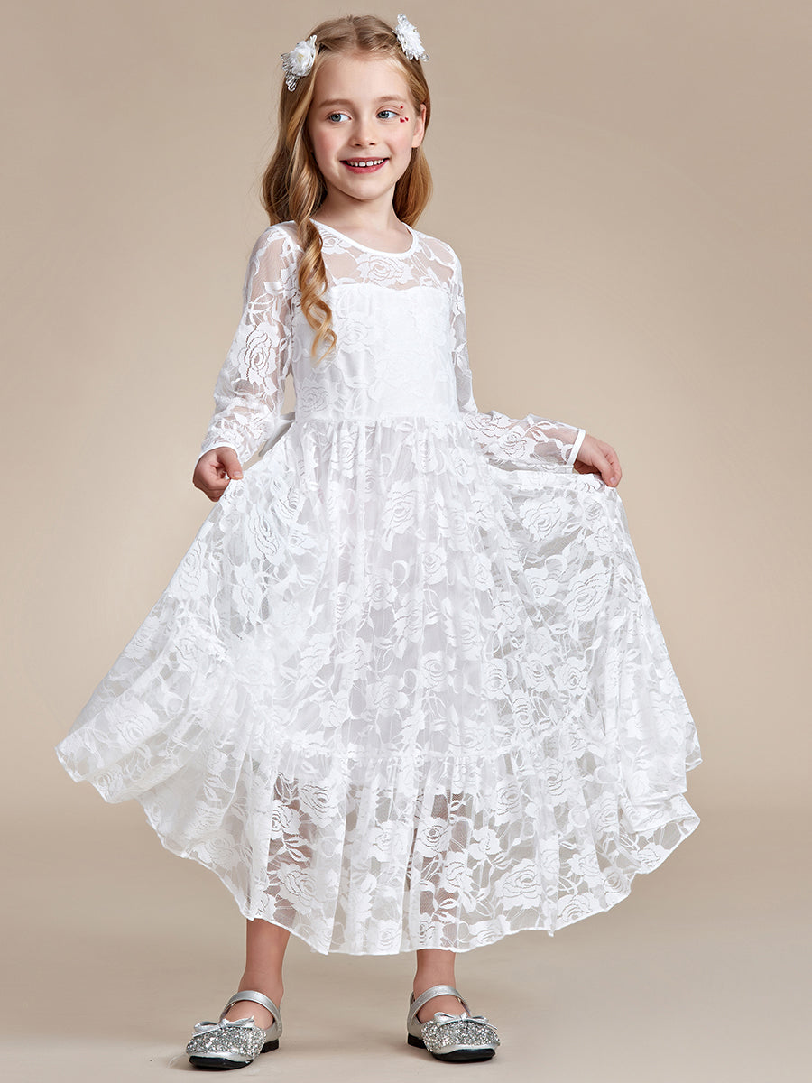Robe Enfant d'Honneur Manches longues transparentes et col rond imprimé #couleur_Blanc Robe Enfant d'Honneur Manches longues transparentes et col rond imprimé