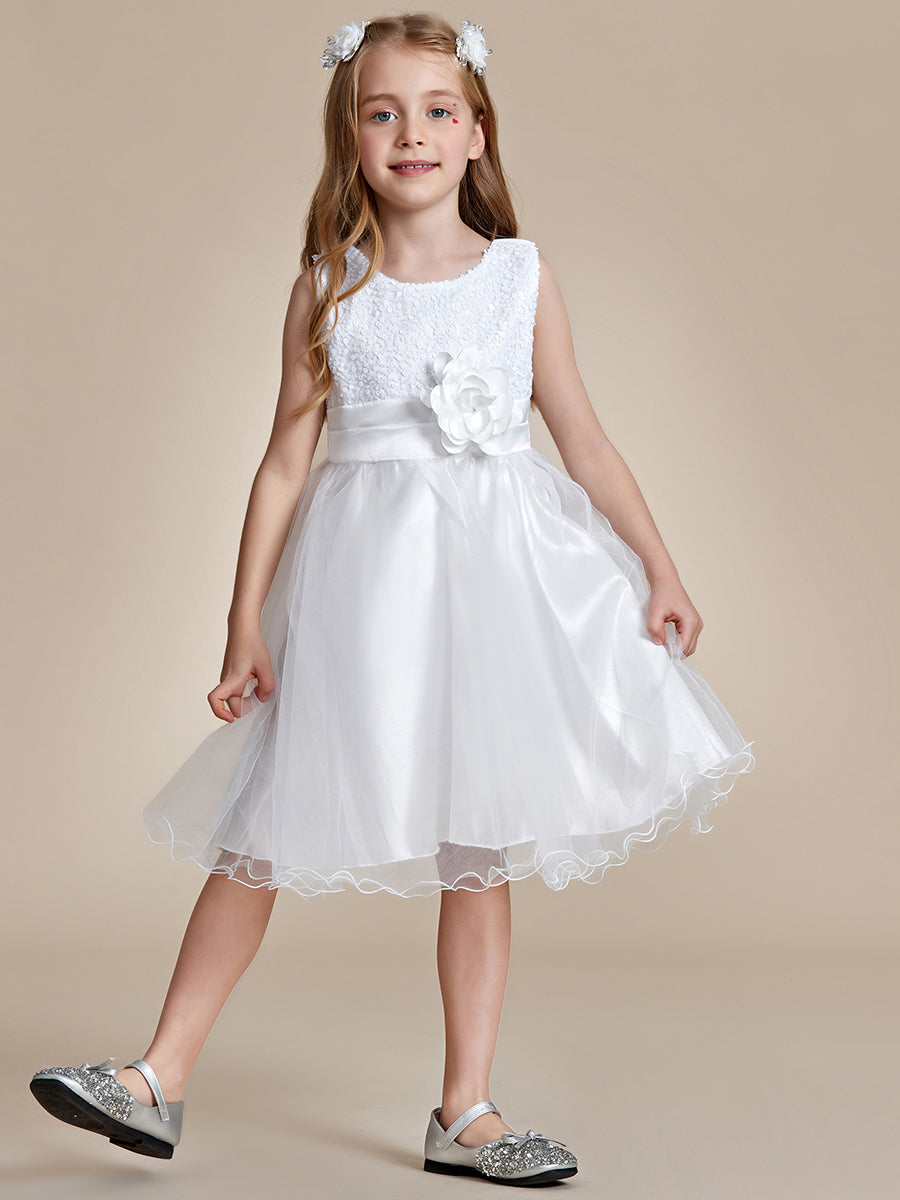 Robe Enfant d'Honneur à paillettes en tulle avec ceinture fleurie #couleur_Blanc