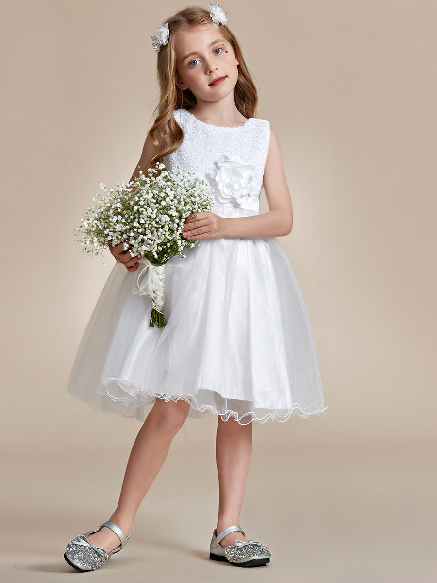 Robe Enfant d'Honneur à paillettes en tulle avec ceinture fleurie #couleur_Blanc Robe Enfant d'Honneur à paillettes en tulle avec ceinture fleurie