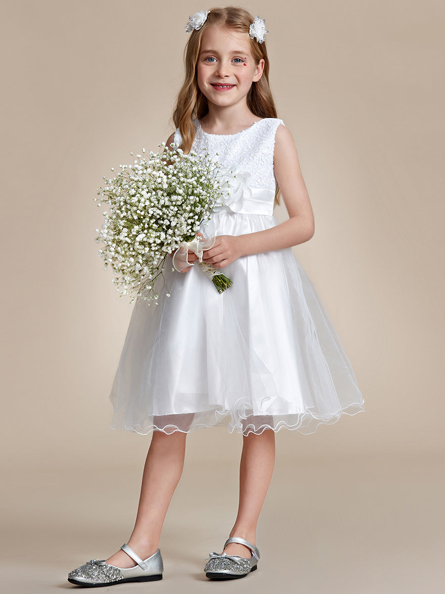 Robe Enfant d'Honneur à paillettes en tulle avec ceinture fleurie #couleur_Blanc Robe Enfant d'Honneur à paillettes en tulle avec ceinture fleurie