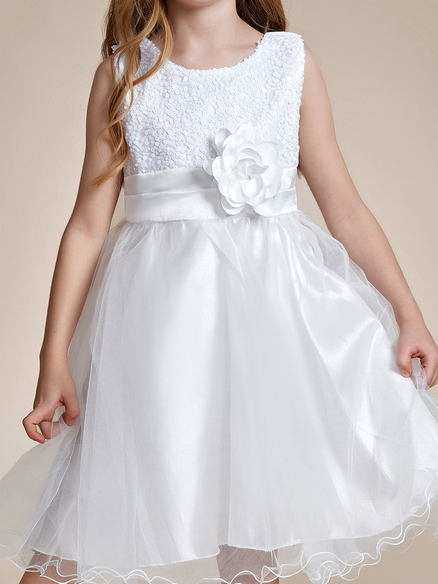 Robe Enfant d'Honneur à paillettes en tulle avec ceinture fleurie #couleur_Blanc Robe Enfant d'Honneur à paillettes en tulle avec ceinture fleurie
