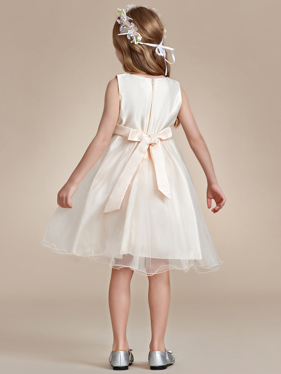 Robe Enfant d'Honneur à paillettes en tulle avec ceinture fleurie #couleur_Blanc Robe Enfant d'Honneur à paillettes en tulle avec ceinture fleurie