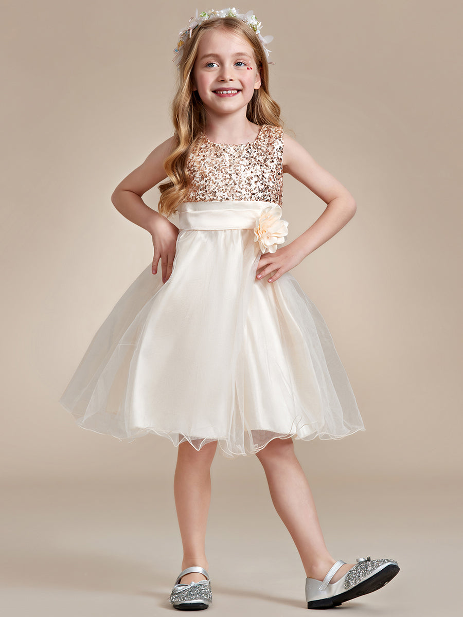 Robe Enfant d'Honneur à paillettes en tulle avec ceinture fleurie #couleur_Blanc Robe Enfant d'Honneur à paillettes en tulle avec ceinture fleurie