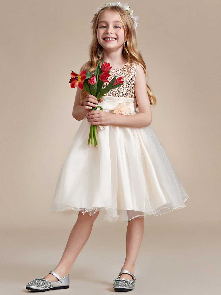 Robe Enfant d'Honneur à paillettes en tulle avec ceinture fleurie #couleur_Blanc Robe Enfant d'Honneur à paillettes en tulle avec ceinture fleurie