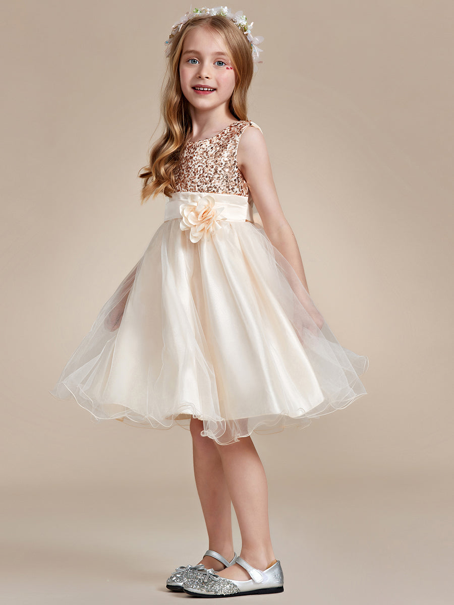 Robe Enfant d'Honneur à paillettes en tulle avec ceinture fleurie #couleur_Blanc Robe Enfant d'Honneur à paillettes en tulle avec ceinture fleurie