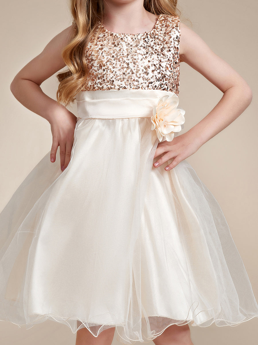 Robe Enfant d'Honneur à paillettes en tulle avec ceinture fleurie #couleur_Blanc Robe Enfant d'Honneur à paillettes en tulle avec ceinture fleurie