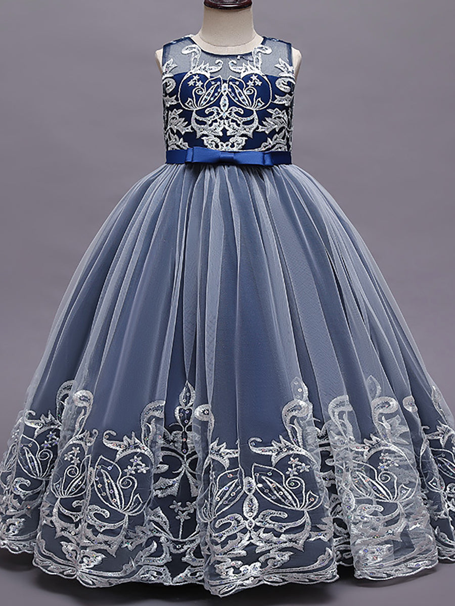Robe Enfant d'Honneur Princesse en Tulle Aappliques délicates nœud papillon #couleur_Bleu Ciel