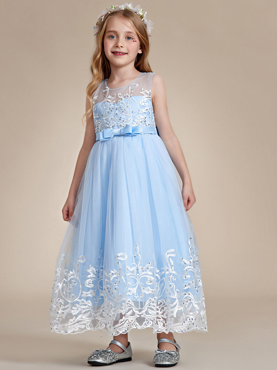 Robe Enfant d'Honneur Princesse en Tulle Aappliques délicates nœud papillon #couleur_Bleu Glace