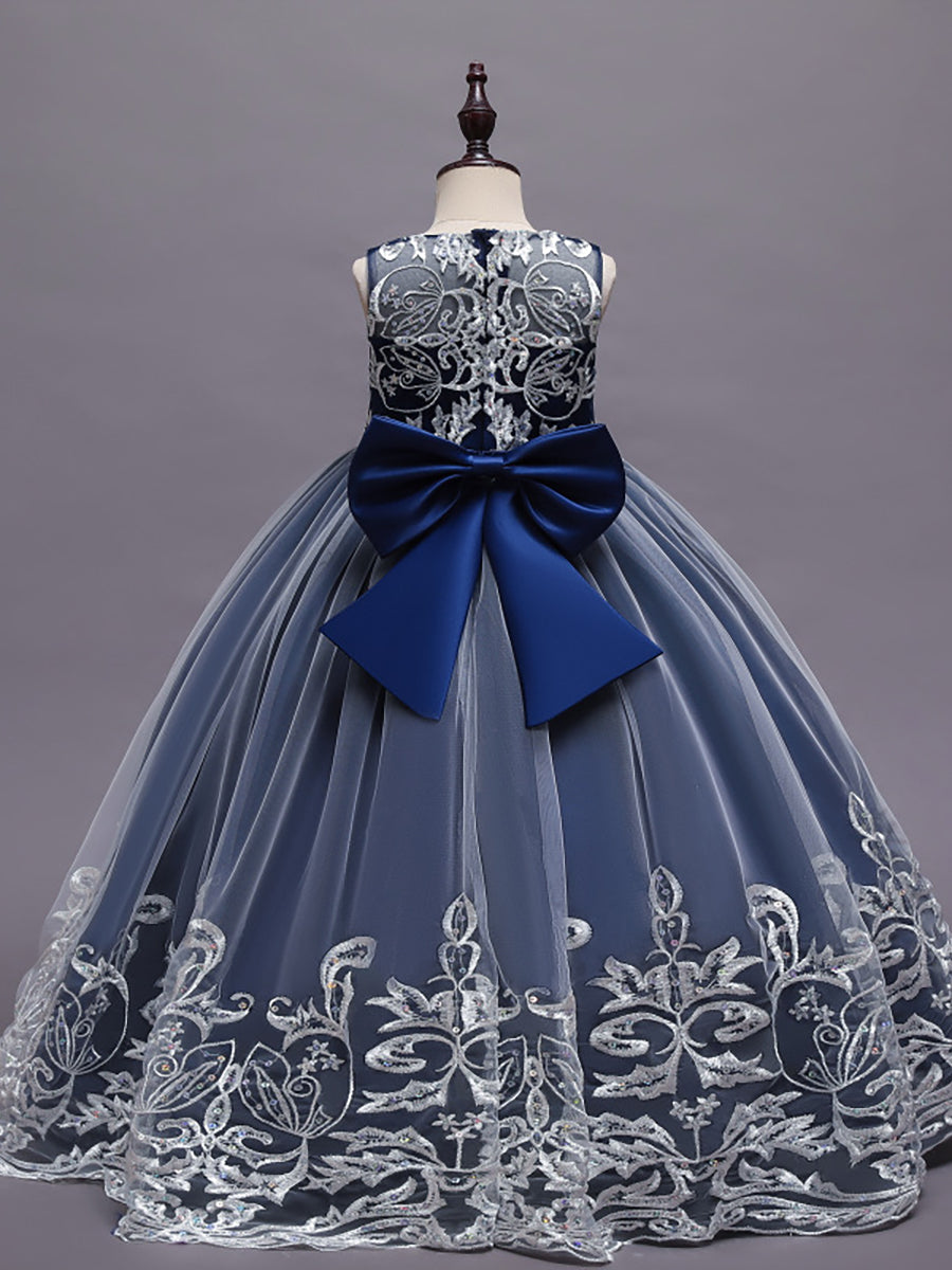 Robe Enfant d'Honneur Princesse en Tulle Aappliques délicates nœud papillon #couleur_Rose Robe Enfant d'Honneur Princesse en Tulle Aappliques délicates nœud papillon