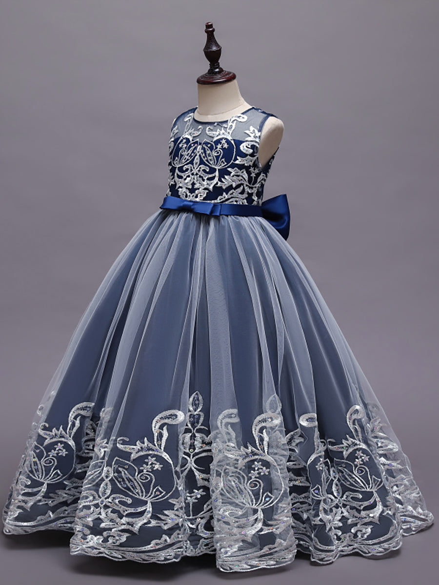 Robe Enfant d'Honneur Princesse en Tulle Aappliques délicates nœud papillon #couleur_Bleu Ciel