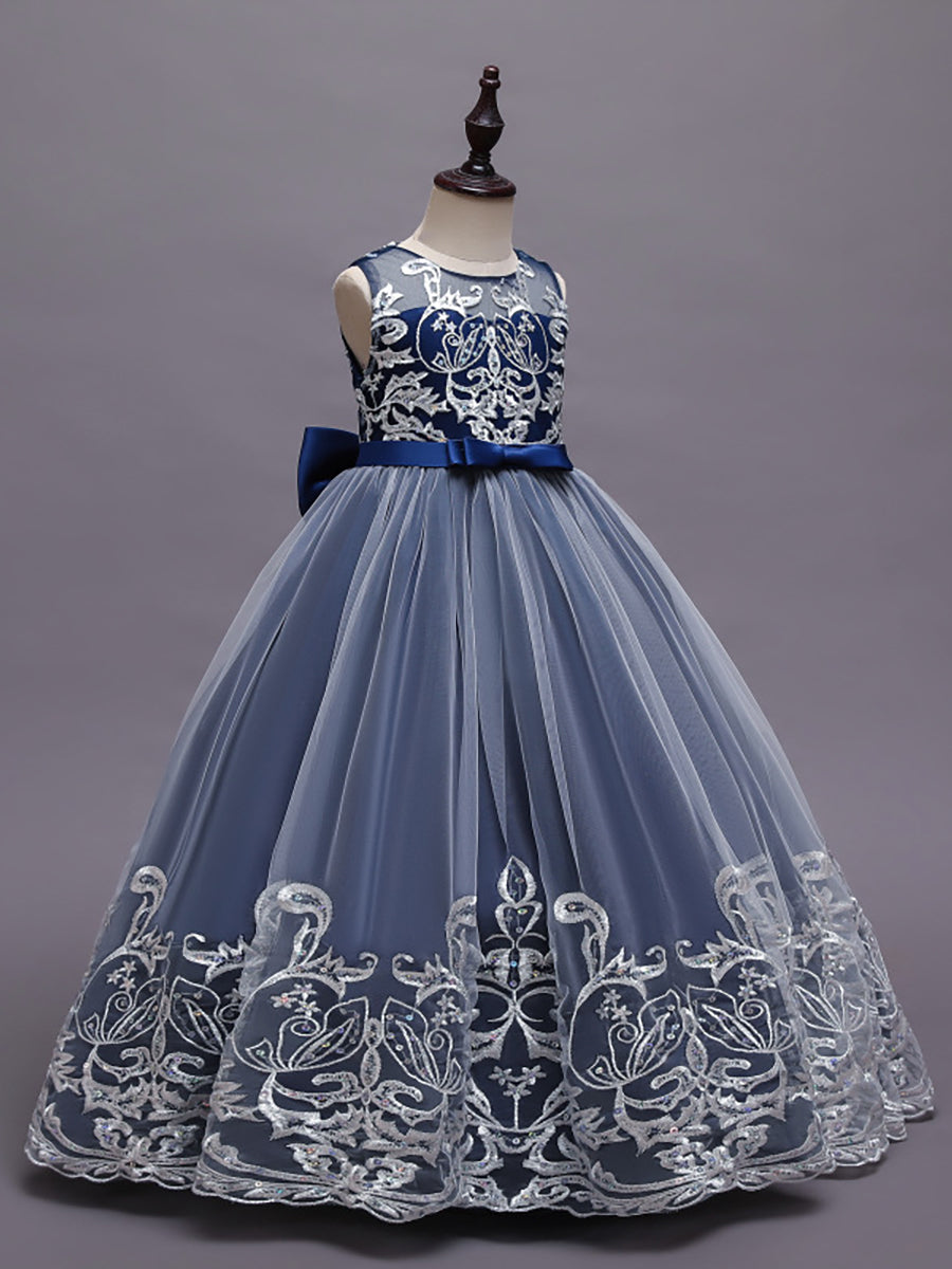 Robe Enfant d'Honneur Princesse en Tulle Aappliques délicates nœud papillon #couleur_Rose Robe Enfant d'Honneur Princesse en Tulle Aappliques délicates nœud papillon