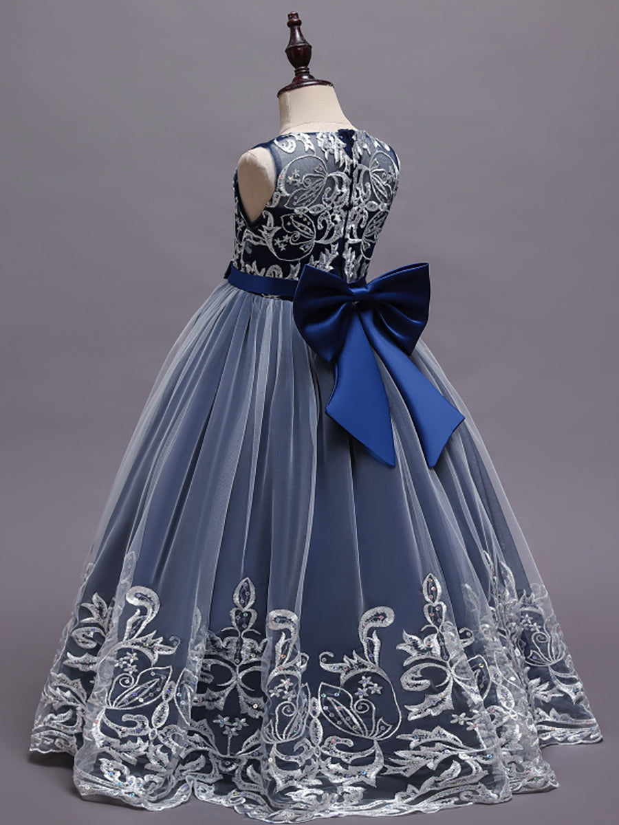 Robe Enfant d'Honneur Princesse en Tulle Aappliques délicates nœud papillon #couleur_Bleu Ciel
