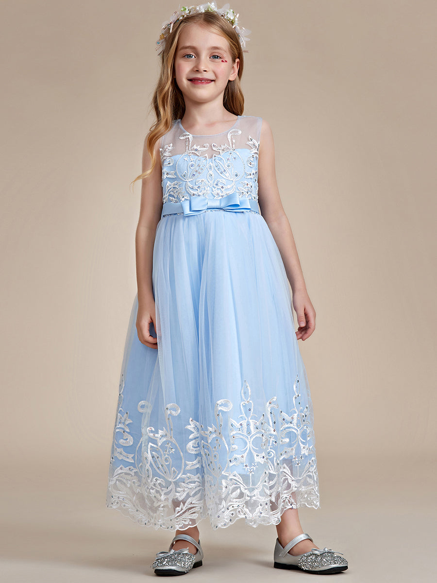 Robe Enfant d'Honneur Princesse en Tulle Aappliques délicates nœud papillon #couleur_Rose Robe Enfant d'Honneur Princesse en Tulle Aappliques délicates nœud papillon