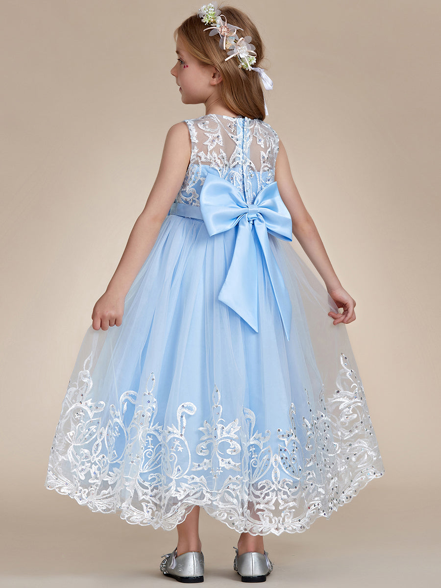 Robe Enfant d'Honneur Princesse en Tulle Aappliques délicates nœud papillon #couleur_Bleu Glace